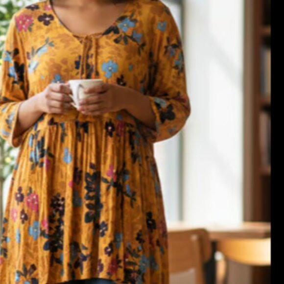 Terra & Sky 2X Plus Size Mustard Floral Tunic Top - Picture 3 of 6